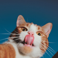 Funny orange and white cat licking its nose against blue sky
