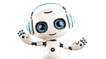 Cute Robot with Headphone: A charming and modern robot wearing headphones, exuding a sense of technological advancement. With a cheerful face.