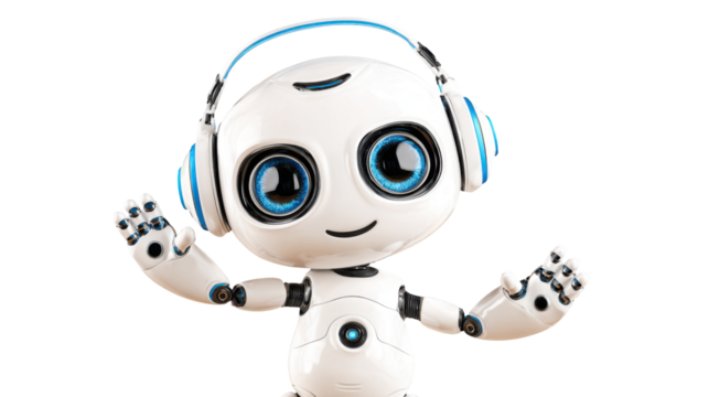 Cute Robot with Headphone: A charming and modern robot wearing headphones, exuding a sense of technological advancement. With a cheerful face.