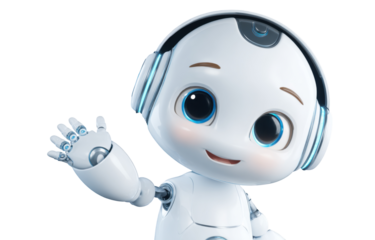 Adorable Robot's Greeting: A charming, friendly robot with a cute expression waves hello, embodying technological advancement, kindness, and approachability.
