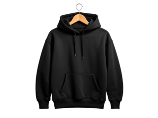 Black hoodie on wooden hanger displayed against plain wall background for apparel branding, retail, e-commerce, or fashion design promotional use.
