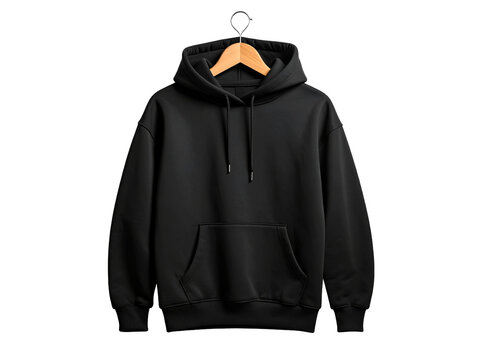 Black hoodie on wooden hanger displayed against plain wall background for apparel branding, retail, e-commerce, or fashion design promotional use.