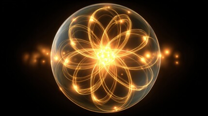 A glowing, abstract representation of an atom with swirling energy patterns against a dark background.