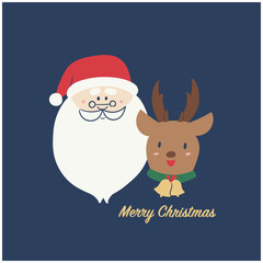 Santa and Reindeer Face Illustration with &ldquo;Merry Christmas&rdquo; Text