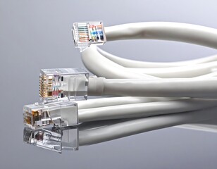 Close-up of two white network cables against a reflective backdrop