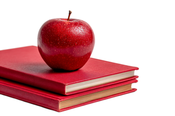 Red Apple on Stack of Red Books with Transparent Background in Bright Studio Lighting for Education Theme Adobe Stock Photo