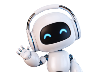 Smiling Robot with Headphone: A cheerful robot adorned with sleek headphones, extending a friendly wave with its hand. The robot's eyes softly glow, exuding warmth and approachability.