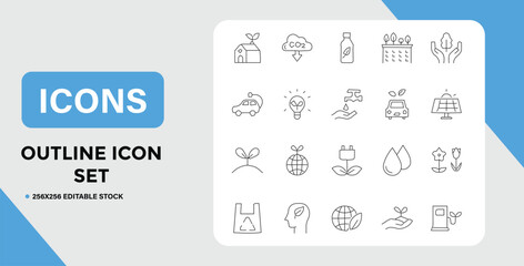 Collection of Environment and Sustainability Outline Icons for Design Projects