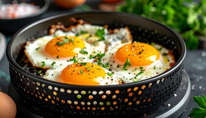 Fried eggs with crispy edges and herbs in air fryer basket. Studio food photography.