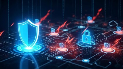 Futuristic digital scene with a glowing shield, lock, and cloud icons on a circuit board - Powered by Adobe