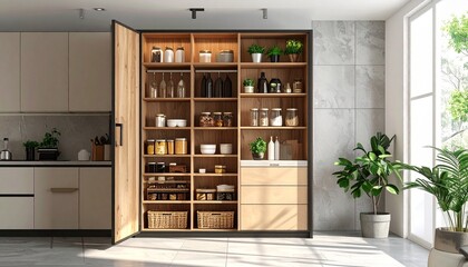 Tall pantry cabinet with open doors showing organized shelves inside, kitchen furniture concept with clean space
