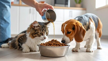 Person pouring pet food into a bowl for cat and dog, pet care concept.