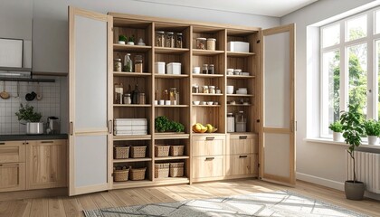 Tall pantry cabinet with open doors showing organized shelves inside, kitchen furniture concept with clean space