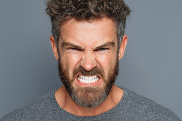 Angry young man with beard showing gritted teeth on gray background
