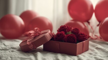 Red gift box with roses and heart-shaped balloon romantic surprise for valentine’s day celebration and love decoration