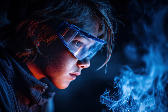 Focused young boy wearing safety glasses observes mysterious blue smoke