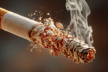 Burning cigarette macro with glowing embers and rising smoke