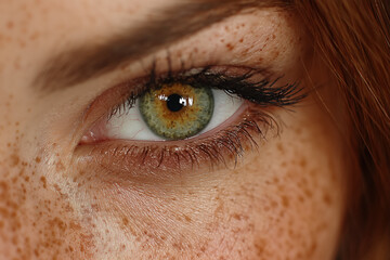 Close-up of woman's freckled face with green eye and red hair