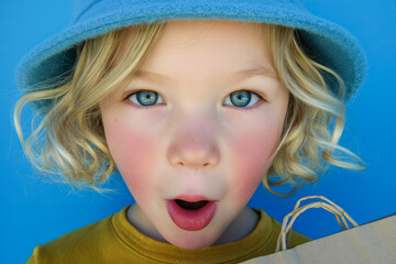 Blonde child with blue hat and surprised expression against blue background