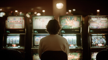 Young adult man playing slot machines in dimly lit casino
