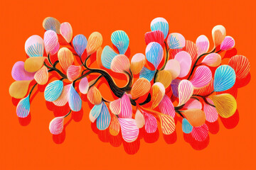 Vibrant abstract floral design with colorful petals on bold orange background