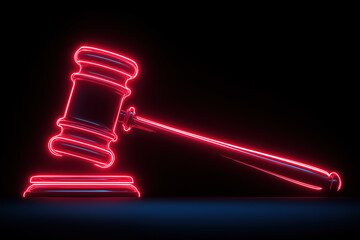 Neon red gavel against dark background symbolizing justice and law