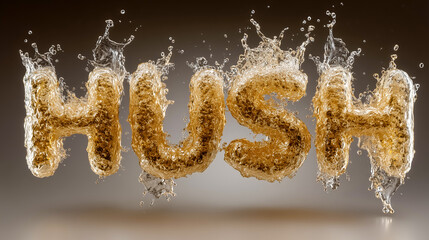 Gold liquid splash forming the word "hush" in dynamic motion