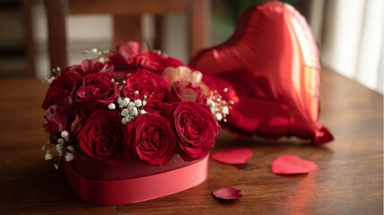 Red gift box with roses and heart-shaped balloon romantic surprise for valentine’s day celebration and love decoration