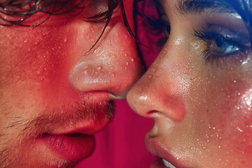 Young man and woman with wet faces in close-up portrait with red light effect