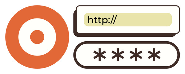 Obraz premium Red target mark, a URL bar, and password field with asterisks highlight online security, privacy, login, authentication, access, information protection, and data encryption in a simple flat metaphor