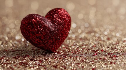 Obraz premium Red heart on sparkling glitter background for romantic valentine’s day greeting card, love celebration, and festive couple decoration