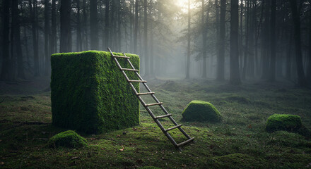 Wooden ladder leaning against a cube structure fully covered in green moss in a misty dark forest