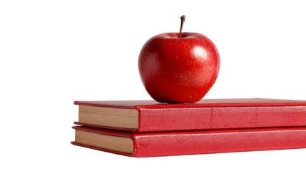 Red Apple Resting on Two Red Books on Black Background Still Life Style for Education Learning and Knowledge Concepts and Transparent Background