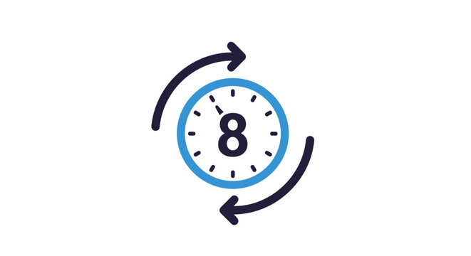 An icon of a clock displaying the number 8, with circular arrows indicating an 8-hour cycle or duration.