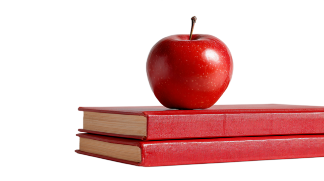 Red Apple Resting on Two Red Books on Black Background Still Life Style for Education Learning and Knowledge Concepts and Transparent Background