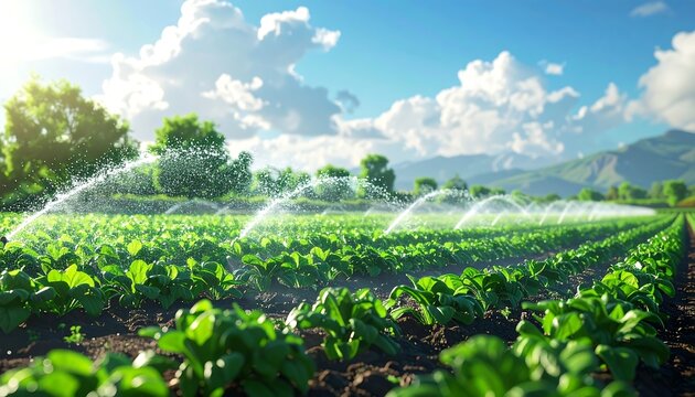 Irrigation system watering a lush green field under a bright sunny sky with fluffy clouds.