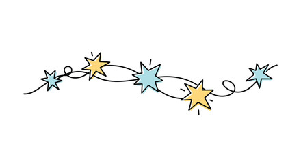 Whimsical hand-drawn doodle of a festive string of stars in alternating yellow and blue, connected by a wavy line, perfect for cheerful design.