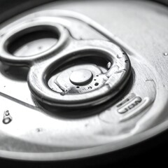 Obraz premium Close-up of a silver metallic beverage container's top. It showcases the pull tab and water droplets on a textured surface. The monochrome style adds focus