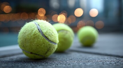 Tennis Balls on Wood Surface with Bokeh Lights Background
