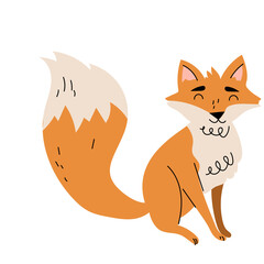Charming Orange Fox with Bushy Tail Sitting Happily with Closed Eyes and Smiling Expression Isolated on Transparent Background