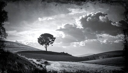 Lone Tree on Rolling Hills Under Dramatic Sky.