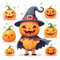 Adorable Cartoon Pumpkin Character Surrounded by Cute Jack-o'-Lanterns and Stars for Halloween Decorations