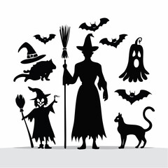 Whimsical Halloween Silhouettes A diverse collection of spooky witches, flying bats, eerie ghosts, and mysterious black cats, perfect for festive designs