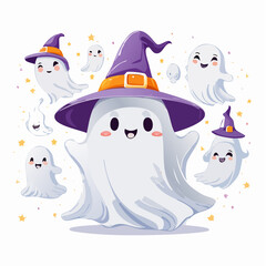 Adorable assembly of friendly cartoon ghosts celebrating Halloween, featuring a large central spirit in a purple witch hat surrounded by smaller joyful phantoms, perfect for festive designs