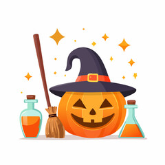 A cheerful Jack-o'-lantern in a witch hat with a broom and magical potions, celebrating the spooky autumn holiday