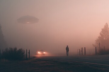 Misty road, UFO, solitary figure