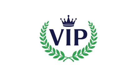 A dark blue VIP text with a crown icon is encircled by a vibrant green laurel wreath, symbolizing importance and exclusivity.