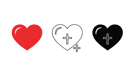 Heart icons depicting love and Christian faith, including a red heart, an outlined heart with a cross, and a solid black heart with an embedded cross.