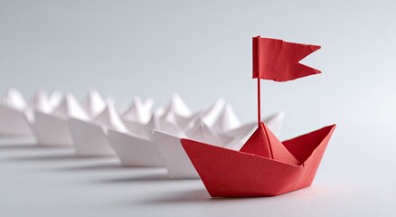 A red paper boat leads a line of white paper boats