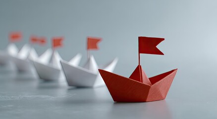 A red origami boat leading a line of white boats